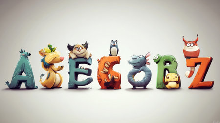 A fun and vibrant design featuring colorful letters with playful animal characters, perfect for educational materials, children's products, and creative projects.の素材