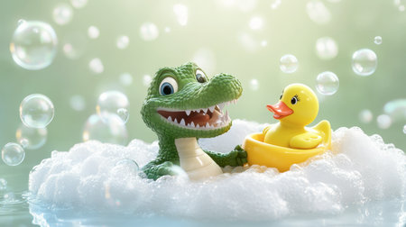 A cheerful plastic alligator and rubber duck play in a bubble-filled bath, surrounded by soft foam and shimmering bubbles, evoking joy and fun.の素材