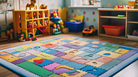 A vibrant playroom featuring educational foam mats, colorful toys, and engaging decor, designed to inspire creativity and learning in young children.の素材