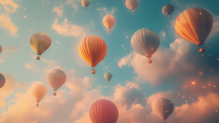 A vibrant scene of colorful hot air balloons soaring through a picturesque blue sky filled with soft clouds. Perfect for themes of adventure and travel.の素材