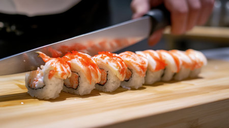 A skilled chef expertly slices a fresh sushi roll, showcasing precision and artistry in the culinary world, perfect for food enthusiasts and chefs alike.の素材