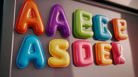 This vibrant image showcases colorful magnetic letters on a fridge, perfect for educational activities. Ideal for children's learning and playful decor.の素材