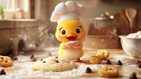 A charming cartoon chick dressed as a chef, joyfully preparing cookies in a cozy kitchen. This adorable scene captures the essence of baking fun and creativity.の素材