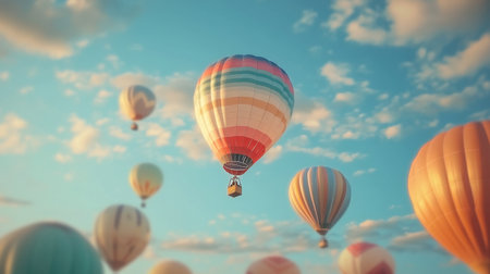 Vibrant hot air balloons ascend into a clear blue sky, showcasing a picturesque scene filled with color and serenity. Perfect for themes of adventure and travel.の素材