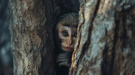 A curious young monkey peeks out from behind a tree, showcasing its expressive eyes and playful nature. This close-up captures the serene beauty of wildlife.の素材