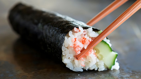A beautifully crafted sushi roll featuring fresh cucumber, delicate rice, and nori, presented with chopsticks. Perfect for a culinary delight or healthy snack.の素材