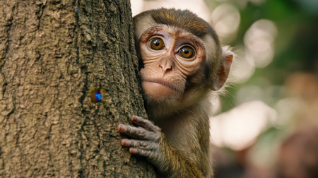 A curious young monkey peeks from behind a tree, showcasing its big eyes and intriguing expression. This captivating wildlife moment highlights the beauty of nature.の素材