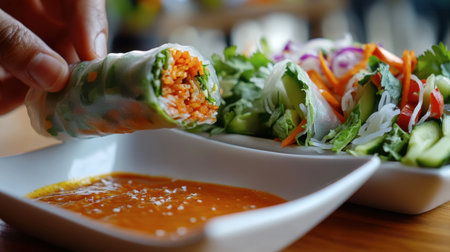 A close-up image of a hand holding a fresh spring roll filled with colorful vegetables, accompanied by a side salad and a rich dipping sauce. Perfect for food lovers!の素材