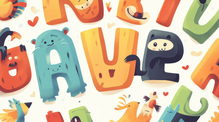 This vibrant illustration features a playful animal alphabet, perfect for children's educational materials. Each letter showcases colorful animals, encouraging creativity and learning.の素材