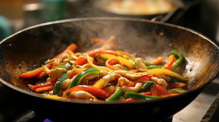 A vibrant display of fresh vegetables stir-fried in a wok, showcasing a colorful mix of bell peppers and chicken. Perfect for healthy meal ideas.の素材