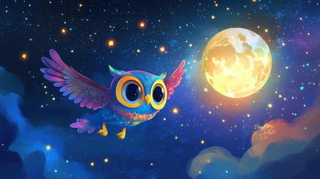 A vibrant and whimsical illustration of a colorful owl soaring through a starry night sky, with a glowing moon and twinkling stars creating a magical atmosphere.の素材