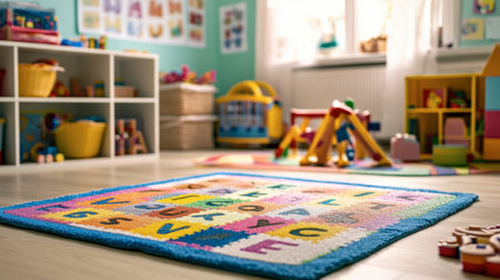 A vibrant playroom featuring a colorful alphabet rug and a variety of toys scattered around, ideal for children's playtime and learning opportunities.の素材