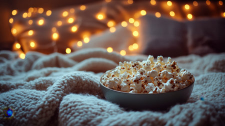 A bowl of fresh popcorn sits on a cozy blanket, surrounded by twinkling lights. Perfect for a relaxing movie night or festive gathering at home.の素材