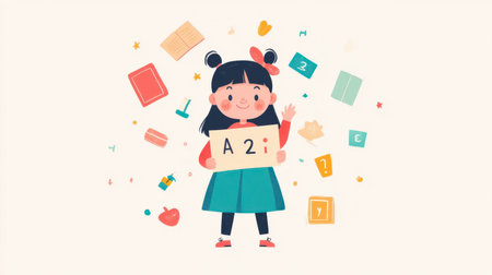 A cheerful girl holds an educational sign while surrounded by playful elements. This colorful illustration captures the joy of learning and creativity in a young student.の素材