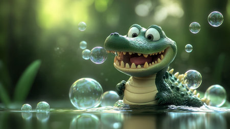 A cheerful cartoon alligator enjoying a splash in clear water, surrounded by floating bubbles. Perfect for children's themes or whimsical designs.の素材