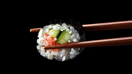 A delicious sushi roll featuring cucumber and rice, held delicately with chopsticks. Perfect for food photography, culinary arts, or dining themes.の素材