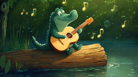 A cheerful alligator strums a guitar on a log by the water, surrounded by musical notes. This whimsical illustration captures a joyful moment in nature.の素材