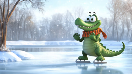 A cheerful cartoon alligator enjoys ice skating on a frozen lake in a winter wonderland. Its vibrant colors and playful demeanor add joy to the season.の素材