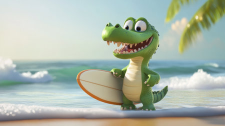 A cheerful cartoon crocodile holds a surfboard, ready to enjoy a sunny day at the beach. Perfect for illustrating fun and adventure in a tropical setting.の素材