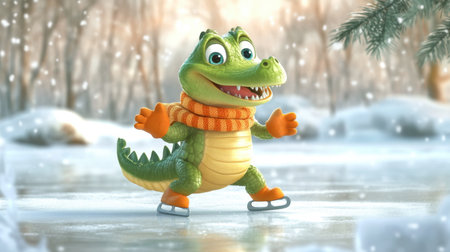 A playful crocodile toy enjoys ice skating in a snowy winter wonderland, radiating joy and charm. Perfect for festive themes and children's decor.の素材