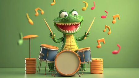 A vibrant cartoon crocodile joyfully playing drums, surrounded by colorful music notes. Perfect for promoting creativity and fun in children's themes.の素材