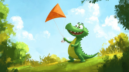A cheerful green dinosaur flying an orange kite in a bright sunny landscape. Perfect for childrenの素材