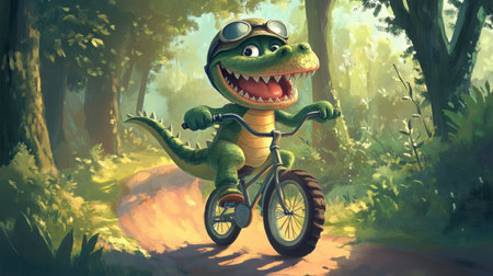 A cheerful dinosaur character rides a bicycle through a vibrant forest, capturing the essence of fun and adventure in a playful and imaginative scene.の素材