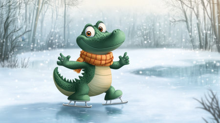 A cheerful cartoon alligator ice skating on a frozen pond surrounded by a snowy landscape. Perfect for winter-themed projects and childrenの素材