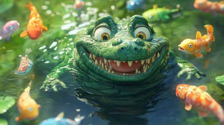 A cheerful cartoon alligator swims joyfully in a lush pond, surrounded by vibrant, colorful fish. This playful scene captures the essence of fun and aquatic life.の素材