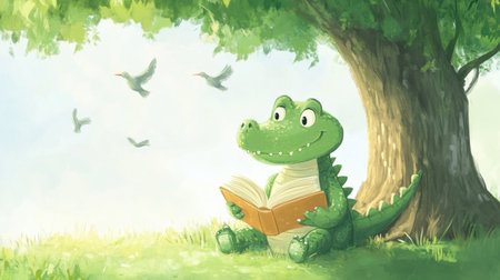 A cheerful crocodile sits under a tree, engrossed in a book. Surrounded by birds and a lush green landscape, this charming illustration evokes joy and imagination.の素材