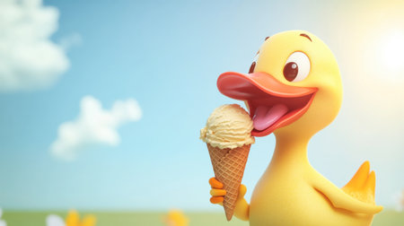 A cheerful duck character delights in a cone of ice cream under a bright, sunny sky, perfect for conveying joy, fun, and summertime happiness.の素材