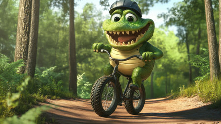 A cheerful cartoon character rides a bike through a lush forest, radiating joy and playfulness. Ideal for themes of adventure and outdoor fun.の素材