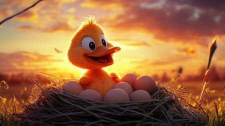 A cheerful chick sits in a nest of eggs during a beautiful sunset, radiating warmth and innocence. This vibrant scene captures the essence of spring and new beginnings.の素材