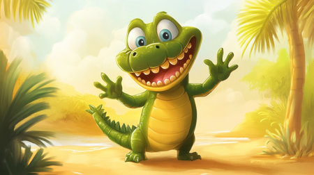 This charming cartoon crocodile radiates joy in a sunny tropical landscape. Its playful demeanor and vivid colors create an inviting atmosphere perfect for childrenの素材