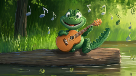 A cheerful cartoon alligator plays guitar on a log by the water. Surrounded by musical notes, this whimsical scene captures joy, creativity, and fun.の素材