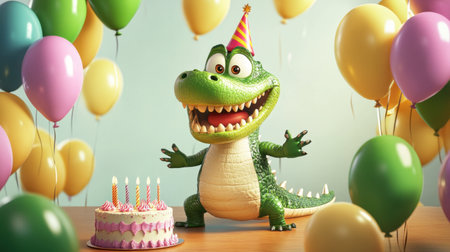 A cheerful cartoon dinosaur celebrating a birthday with a colorful cake and vibrant balloons, perfect for children's party themes and joyful events.の素材