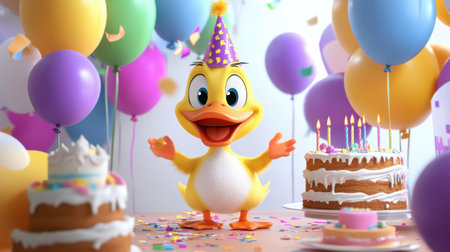A cheerful cartoon duck celebrates a festive birthday party with colorful balloons, delicious cakes, and joyful decorations, perfect for children's events.の素材