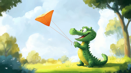 This vibrant illustration features a cheerful green dinosaur joyfully flying an orange kite against a sunny sky, embodying fun and creativity in nature.の素材
