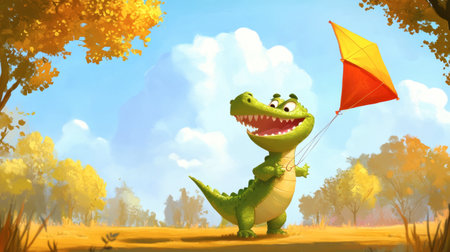 A cheerful cartoon dinosaur holds a yellow kite in a vibrant outdoor setting, surrounded by trees and a bright sky, capturing the essence of playful adventure.の素材