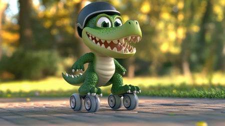 This lively cartoon dinosaur character on roller skates is perfect for imaginative projects. Its vibrant colors and cheerful expression evoke joy and playfulness in outdoor settings.の素材