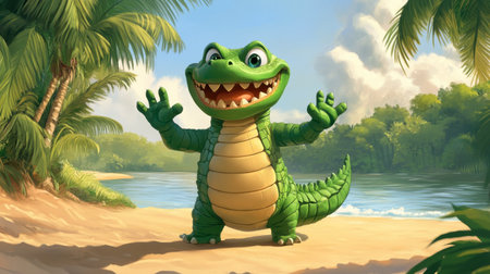 A cheerful cartoon crocodile character stands on a tropical beach, surrounded by palm trees and a serene lagoon. Perfect for children's themes and fun adventure illustrations.の素材