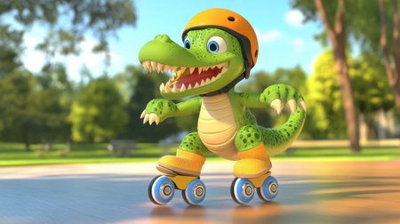 A cheerful cartoon alligator rides roller skates in a sunny park, showcasing a sense of fun and outdoor adventure. Perfect for children's themes.の素材