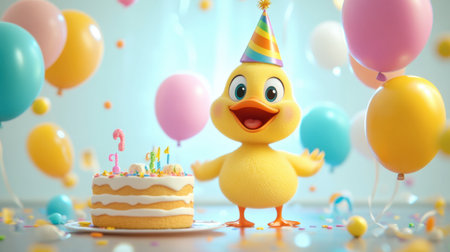A cheerful yellow duck wearing a party hat stands beside a colorful birthday cake, surrounded by bright balloons, celebrating a joyful birthday party moment.の素材