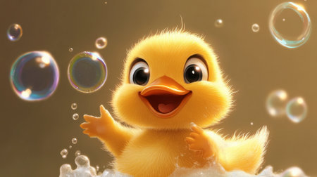 This cute cartoon duckling surrounded by bubbles exudes joy and playfulness. Its vibrant yellow color and cheerful expression make it perfect for children's themes.の素材