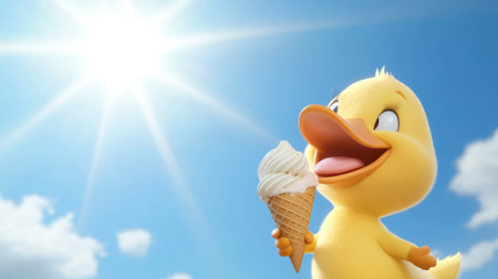 A cheerful cartoon duck holds an ice cream cone, basking in the sun. This delightful scene captures the joy of summer and the sweetness of treats.の素材