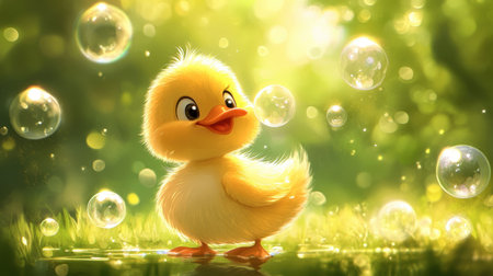 A delightful yellow duckling joyfully plays among bubbles in a serene green environment. This enchanting scene captures the essence of innocence and playfulness.の素材