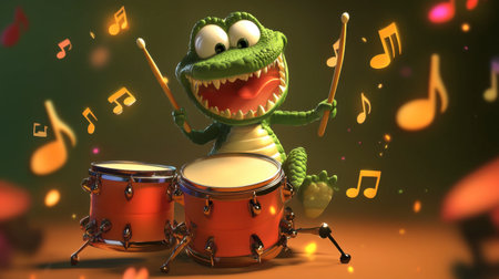A cheerful cartoon character energetically plays the drums amidst floating music notes, capturing the joy and excitement of music and performance in a vibrant scene.の素材