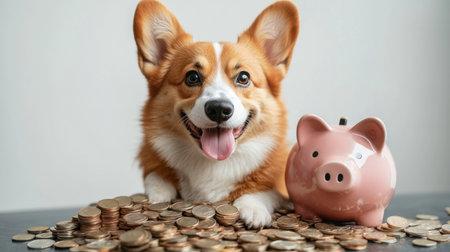 A cheerful corgi sits joyfully beside a pile of coins and a piggy bank, embodying the spirit of savings and financial awareness. Perfect for pet and finance themes.の素材