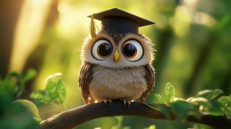 Adorable owl wearing a graduation cap perches on a branch amidst lush greenery. This whimsical image symbolizes education, achievement, and nature's charm.の素材