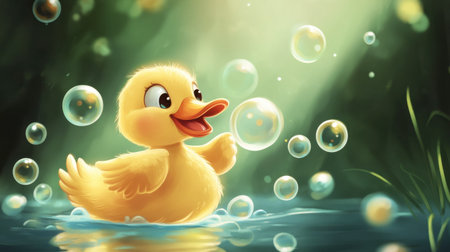 A cheerful duckling happily plays in a serene pond, surrounded by floating bubbles and warm sunlight. This delightful scene captures the essence of joy and innocence in nature.の素材